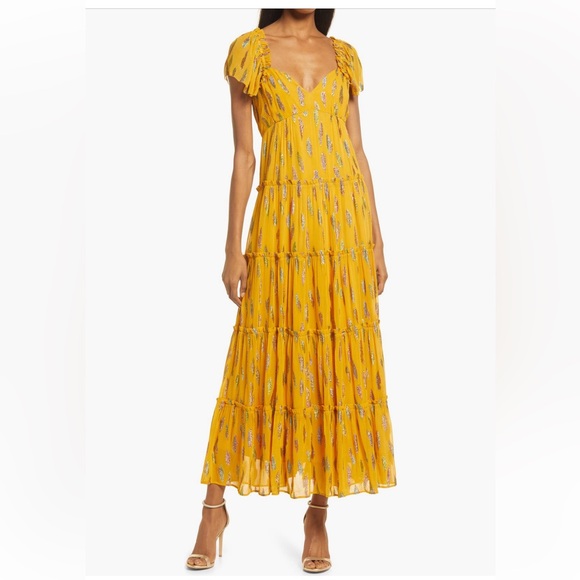 SAYLOR Dresses & Skirts - SAYLOR yellow Kira metallic print midi dress, size M